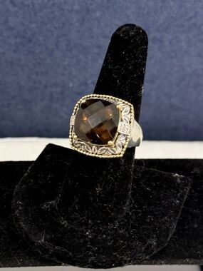 Artisan Bali Style 14K Yellow Gold Sterling Silver Faceted Smoky Quartz Ring; 8